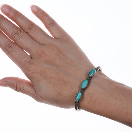 6" 20's-30's Navajo stamped silver 3 stone turquoise cuff bracelet - Estate Fresh Austin