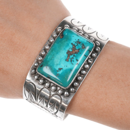 6" 30's-40's Native American silver cuff bracelet with large turquoise - Estate Fresh Austin