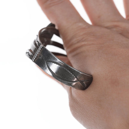 6" 30's-40's Navajo Hand stamped silver cuff bracelet with turquoise - Estate Fresh Austin
