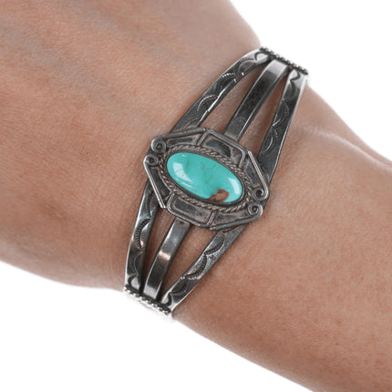 6" 30's-40's Navajo Hand stamped silver cuff bracelet with turquoise - Estate Fresh Austin