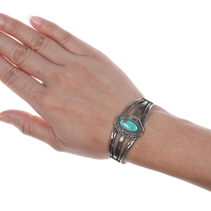 6" 30's-40's Navajo Hand stamped silver cuff bracelet with turquoise - Estate Fresh Austin