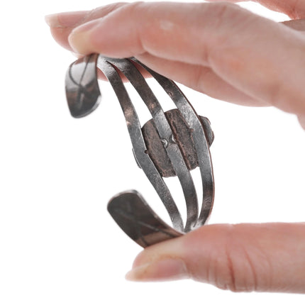 6" 30's-40's Navajo Hand stamped silver cuff bracelet with turquoise - Estate Fresh Austin