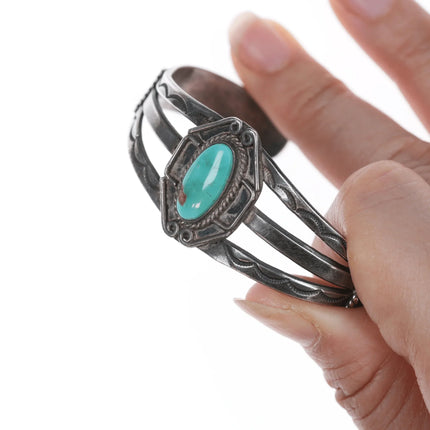 6" 30's-40's Navajo Hand stamped silver cuff bracelet with turquoise - Estate Fresh Austin