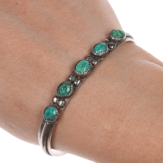 6.375" 1940's Zuni carved turquoise silver row cuff bracelet - Estate Fresh Austin