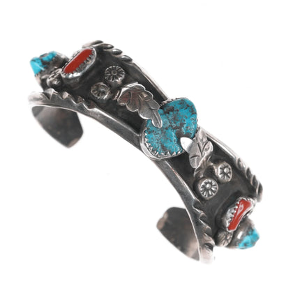 6.375" 1970's Native American sterling, turquoise, and coral cuff bracelet - Estate Fresh Austin