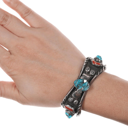 6.375" 1970's Native American sterling, turquoise, and coral cuff bracelet - Estate Fresh Austin