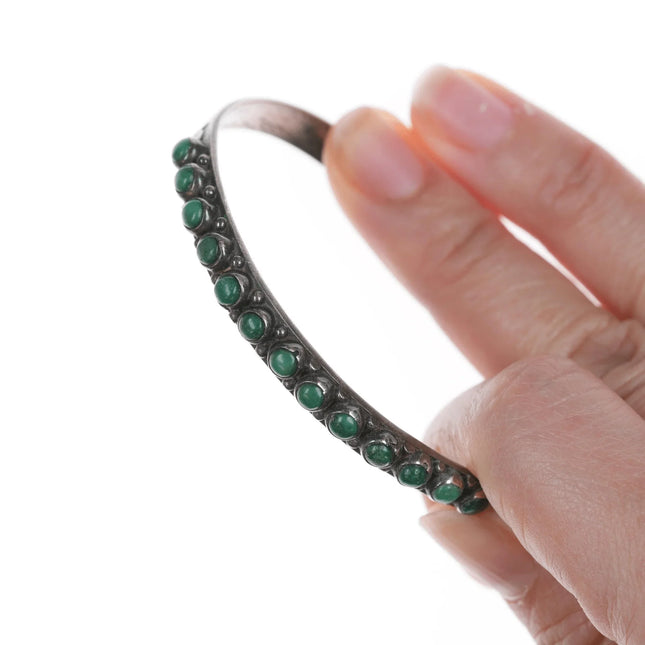 6.375" 30's-40's Native American Stamped silver Green turquoise row cuff bracelet - Estate Fresh Austin