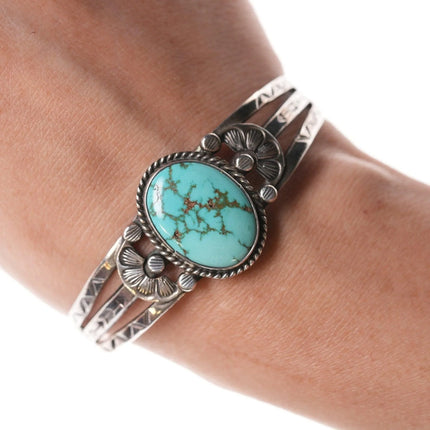6.375" 30's-40's Navajo Hand Stamped silver and turquoise bracelet - Estate Fresh Austin