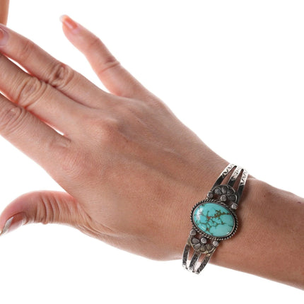 6.375" 30's-40's Navajo Hand Stamped silver and turquoise bracelet - Estate Fresh Austin