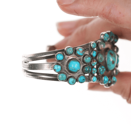 6 3/8" 30's - 40's Navajo stamped silver turquoise cluster cuff bracelet - Estate Fresh Austin