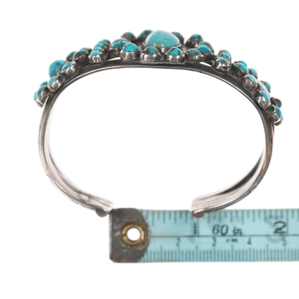 6 3/8" 30's - 40's Navajo stamped silver turquoise cluster cuff bracelet - Estate Fresh Austin