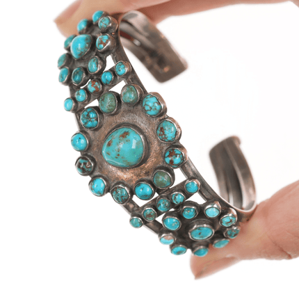 6 3/8" 30's - 40's Navajo stamped silver turquoise cluster cuff bracelet - Estate Fresh Austin