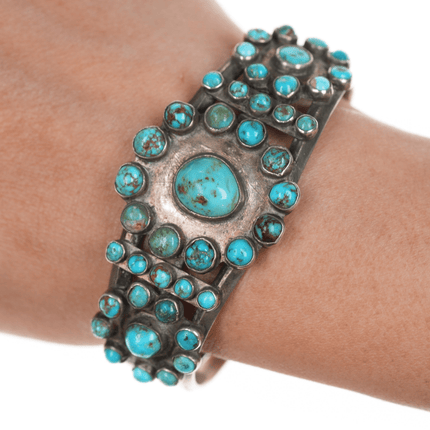 6 3/8" 30's - 40's Navajo stamped silver turquoise cluster cuff bracelet - Estate Fresh Austin