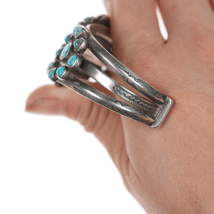 6 3/8" 30's - 40's Navajo stamped silver turquoise cluster cuff bracelet - Estate Fresh Austin