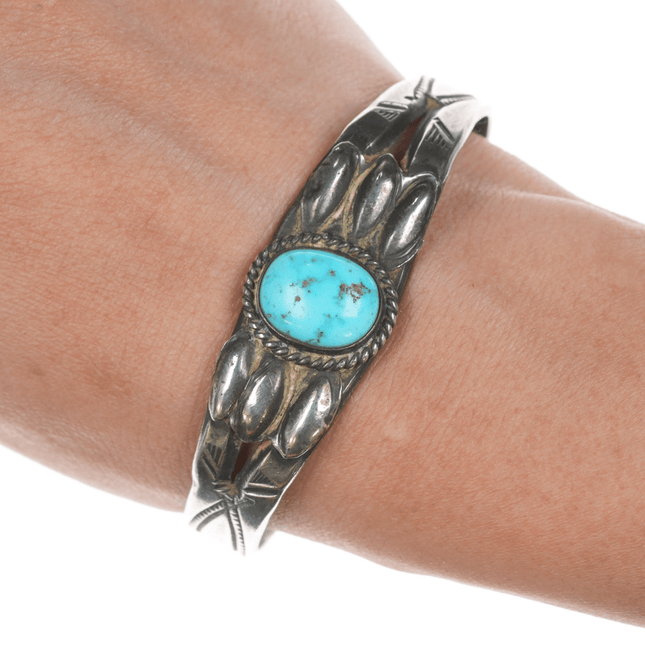 6 3/8" 30's - 40's Navajo turquoise hand stamped silver cuff bracelet - Estate Fresh Austin