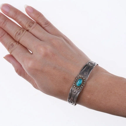 6.375" 30's Navajo Hand stamped silver and turquoise Fred Harvey era bracelet - Estate Fresh Austin
