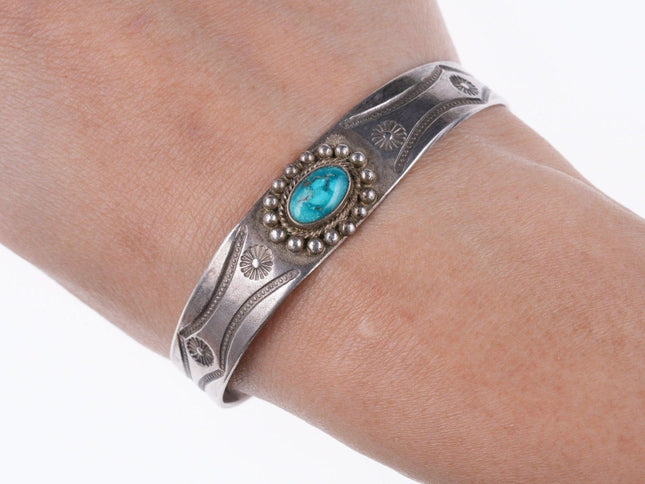 6 3/8" 30's Navajo Hand stamped silver and turquoise Fred Harvey era bracelet - Estate Fresh Austin