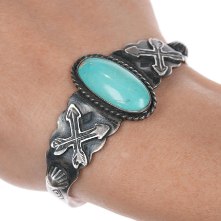 6.375" 40's-50's Fred Harvey Era sterling and turquoise arrows cuff bracelet - Estate Fresh Austin