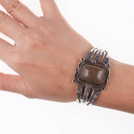 6.375" 40's-50's Navajo Stamped Silver bracelet with jasper - Estate Fresh Austin