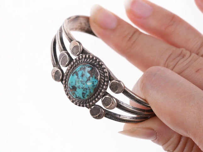 6.375" 40's-50's Navajo Stamped silver bracelet with turquoise - Estate Fresh Austin