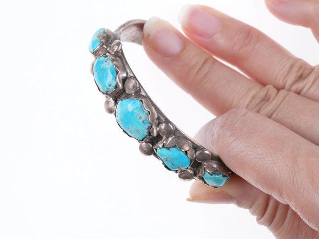 6.375" 40's-50's Zuni Silver and carved turquoise row cuff bracelet - Estate Fresh Austin
