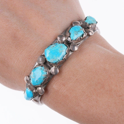 6 3/8" 40's - 50's Zuni Silver and carved turquoise row cuff bracelet - Estate Fresh Austin