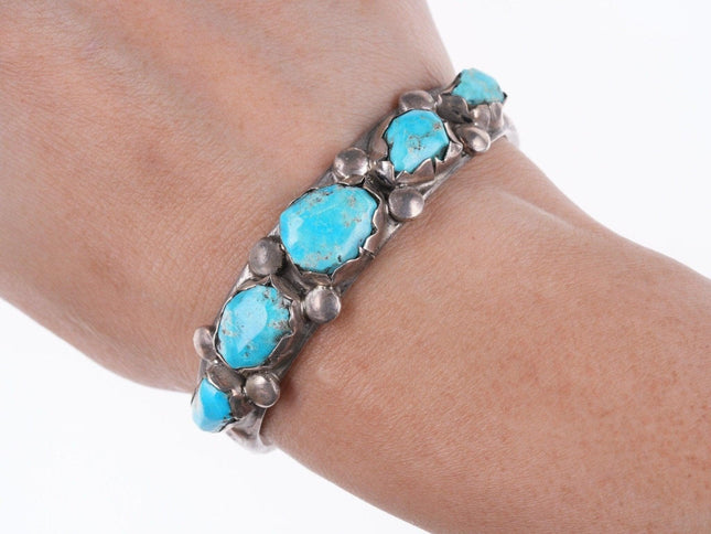 6 3/8" 40's - 50's Zuni Silver and carved turquoise row cuff bracelet - Estate Fresh Austin