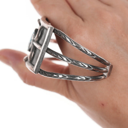 6.375" 50's-60's Native American silver triple shank turquoise cuff bracelet - Estate Fresh Austin
