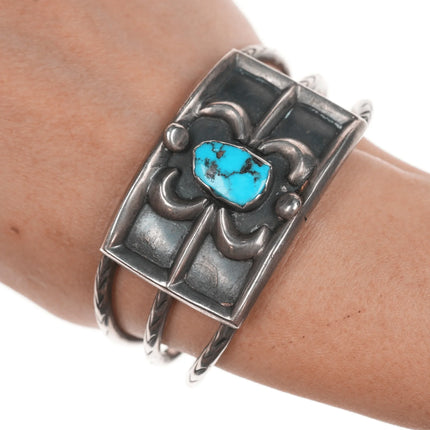 6.375" 50's-60's Native American silver triple shank turquoise cuff bracelet - Estate Fresh Austin