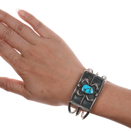 6.375" 50's-60's Native American silver triple shank turquoise cuff bracelet - Estate Fresh Austin