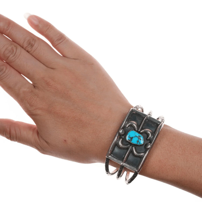 6.375" 50's-60's Native American silver triple shank turquoise cuff bracelet - Estate Fresh Austin