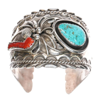6.375" 70's-80's CK Navajo sterling turquoise/coral heavy cuff bracelet - Estate Fresh Austin