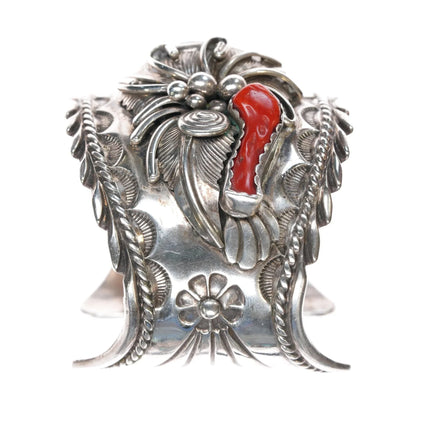 6.375" 70's-80's CK Navajo sterling turquoise/coral heavy cuff bracelet - Estate Fresh Austin