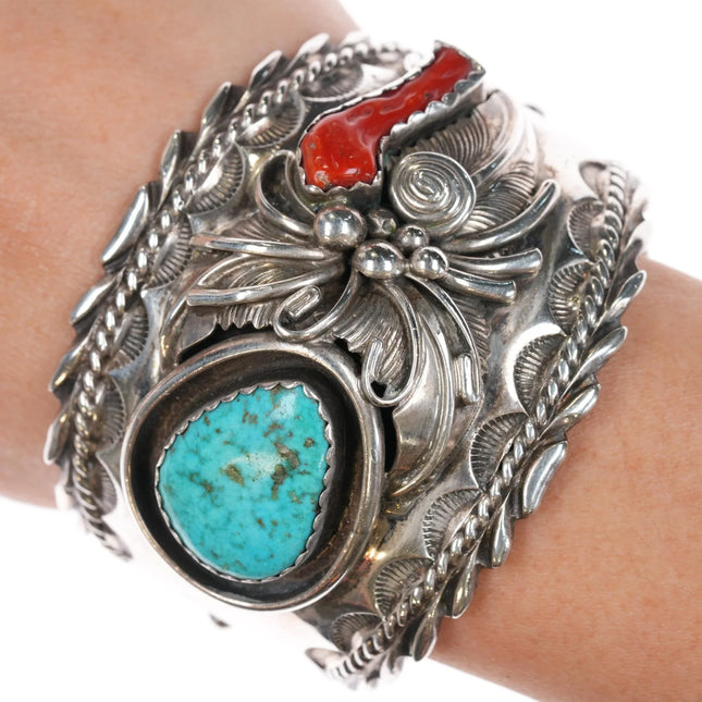 6.375" 70's-80's CK Navajo sterling turquoise/coral heavy cuff bracelet - Estate Fresh Austin