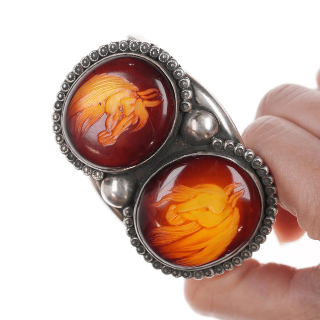 6.375" Art Tafoya Yaqui Carved Amber silver cuff bracelet - Estate Fresh Austin