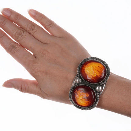 6.375" Art Tafoya Yaqui Carved Amber silver cuff bracelet - Estate Fresh Austin
