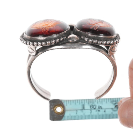 6.375" Art Tafoya Yaqui Carved Amber silver cuff bracelet - Estate Fresh Austin