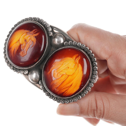 6.375" Art Tafoya Yaqui Carved Amber silver cuff bracelet - Estate Fresh Austin