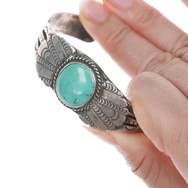 6.375" c1930's Navajo Hand stamped ingot silver cuff bracelet with turquoise - Estate Fresh Austin
