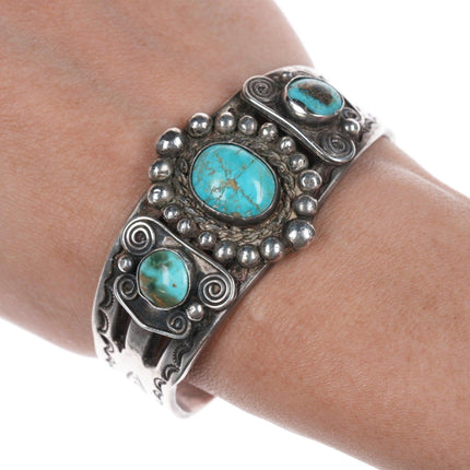 6 3/8" c1940's - 50's Navajo Stamped silver bracelet with turquoise - Estate Fresh Austin