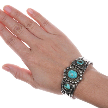 6 3/8" c1940's - 50's Navajo Stamped silver bracelet with turquoise - Estate Fresh Austin