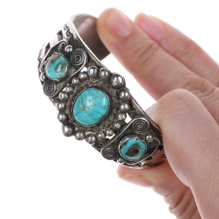 6 3/8" c1940's - 50's Navajo Stamped silver bracelet with turquoise - Estate Fresh Austin