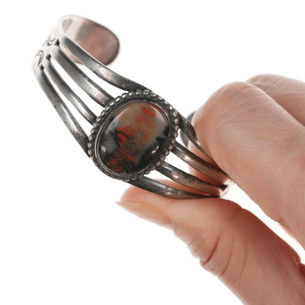 6.375" c1940's Navajo Silver Petrified wood agate cuff bracelet - Estate Fresh Austin