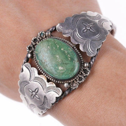 6.375" c1940's Navajo stamped silver and turquoise bracelet - Estate Fresh Austin