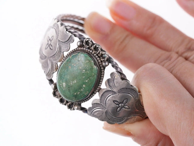 6.375" c1940's Navajo stamped silver and turquoise bracelet - Estate Fresh Austin