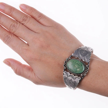 6.375" c1940's Navajo stamped silver and turquoise bracelet - Estate Fresh Austin