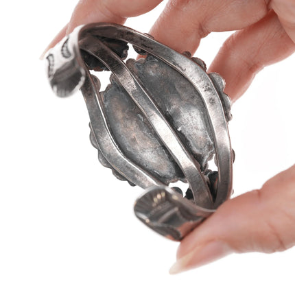 6.375" c1940's Navajo stamped silver cuff bracelet with large turquosie - Estate Fresh Austin