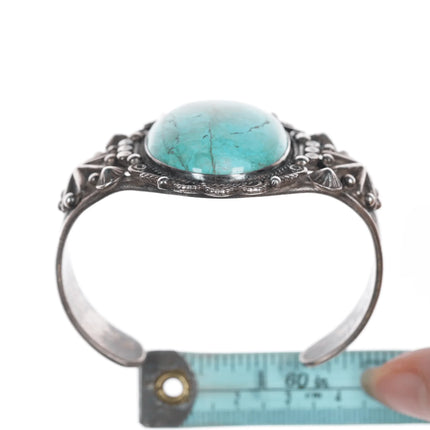 6.375" c1940's Navajo stamped silver cuff bracelet with large turquosie - Estate Fresh Austin