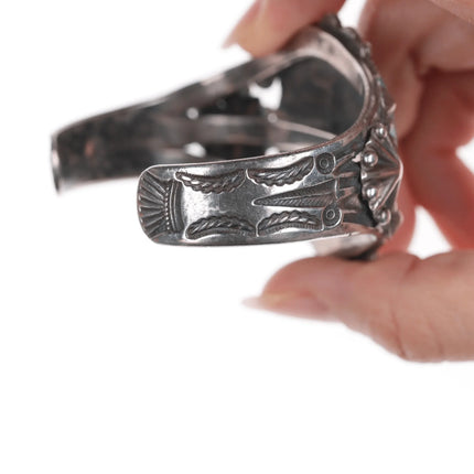 6.375" c1940's Navajo stamped silver cuff bracelet with large turquosie - Estate Fresh Austin