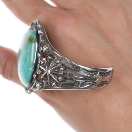 6.375" c1940's Navajo stamped silver cuff bracelet with large turquosie - Estate Fresh Austin